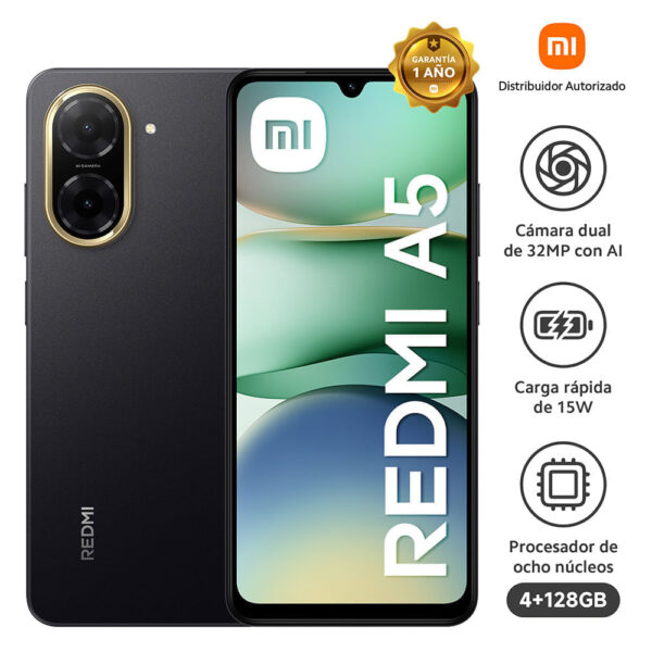 Celular Xiaomi Redmi A5 4G 128GB, 4GB RAM, cámara principal 32MP, frontal 8MP, 6.88'', negro