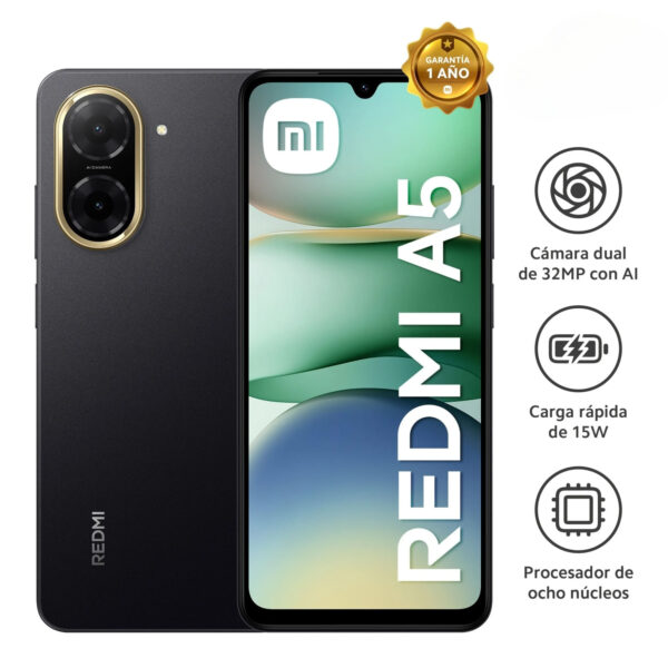 Celular Xiaomi Redmi A5 4G 128GB, 4GB RAM, cámara principal 32MP, frontal 8MP, 6.88", negro