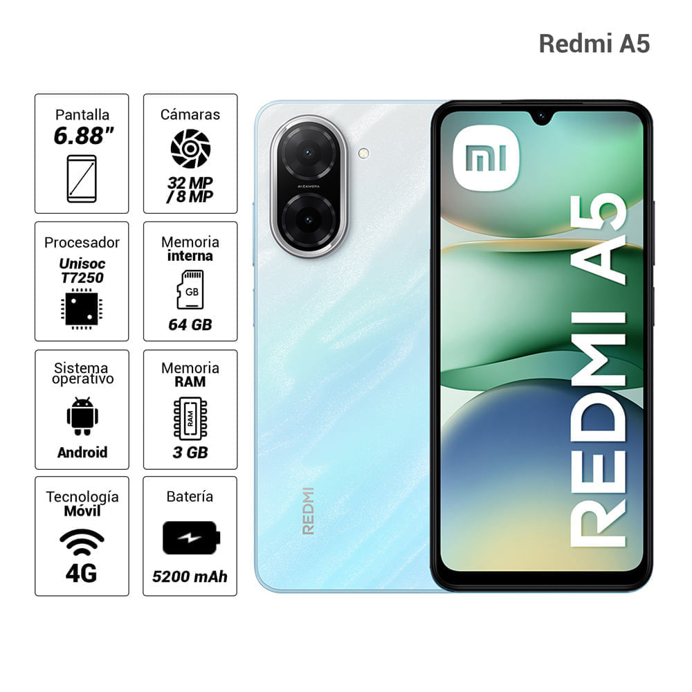 Celular Xiaomi Redmi A5 4G 64GB, 3GB RAM, cámara principal 32MP, cámara frontal 8MP, 6.88", azul