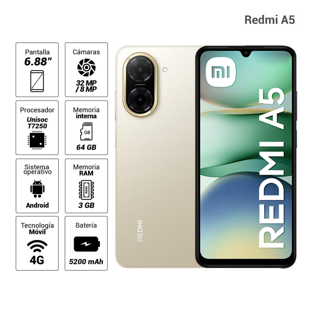 Celular Xiaomi Redmi A5 4G 64GB, 3GB RAM, cámara principal 32MP, cámara frontal 8MP, 6.88", dorado