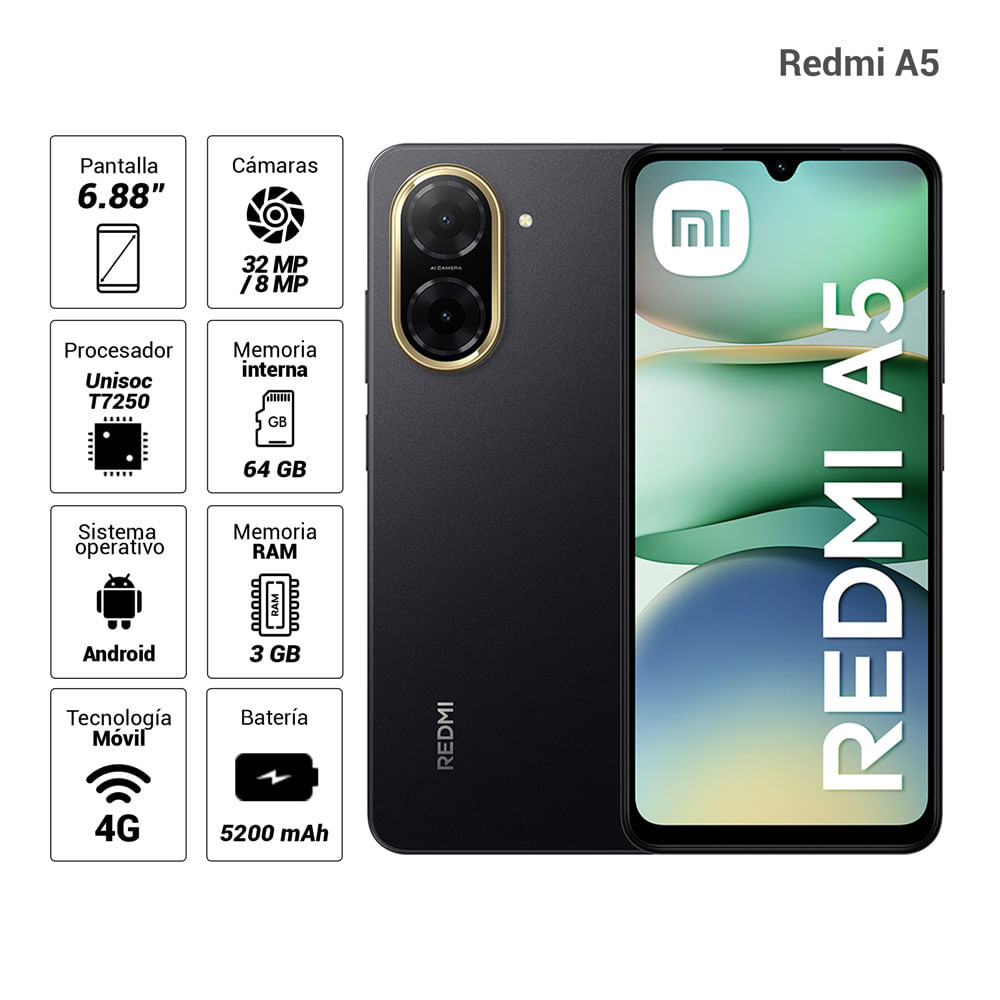 Celular Xiaomi Redmi A5 4G 64GB, 3GB RAM, cámara principal 32MP, frontal 8MP, 6.88", Dual SIM, negro