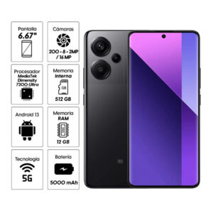 Celular Xiaomi Redmi Note 13 Pro Plus 5G 512GB, 12GB RAM, cámara principal 200MP + 8MP + 2MP, frontal 16MP, 6.67", negro