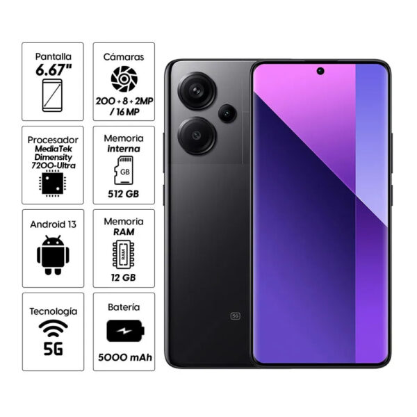 Celular Xiaomi Redmi Note 13 Pro Plus 5G 512GB, 12GB RAM, cámara principal 200MP + 8MP + 2MP, frontal 16MP, 6.67", negro