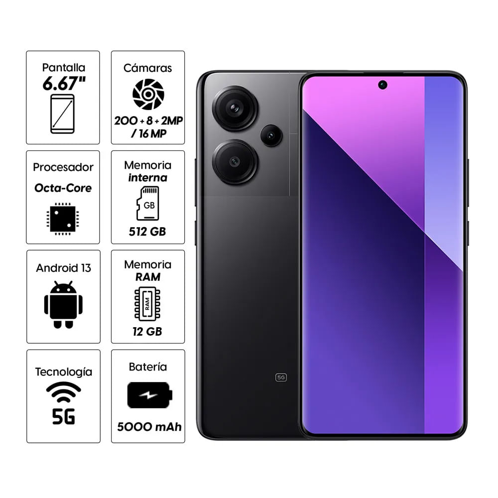Celular Xiaomi Redmi Note 13 Pro Plus 5G 512GB, 12GB RAM, cámara principal 200MP + 8MP + 2MP, frontal 16MP, 6.67", negro