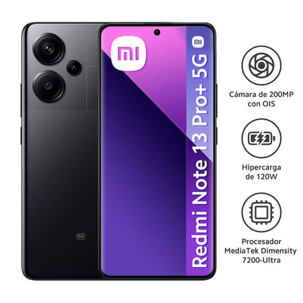 Celular Xiaomi Redmi Note 13 Pro Plus 5G 512GB, 12GB RAM, cámara principal 200MP + 8MP + 2MP, frontal 16MP, 6.67", negro