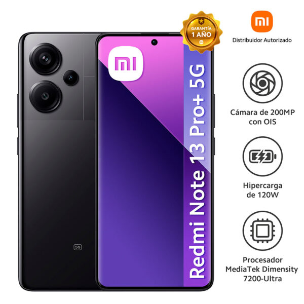 Celular Xiaomi Redmi Note 13 Pro Plus 5G 512GB, 12GB RAM, cámara principal 200MP + 8MP + 2MP, frontal 16MP, 6.67", negro