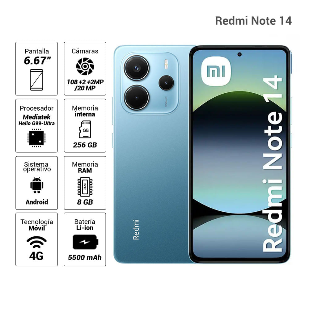 Celular Xiaomi Redmi Note 14 4G 256GB, 8GB RAM, cámara principal 108MP + 2MP + 2MP, frontal 20MP, 6.67'', azul + Audífonos Buds 6 Play