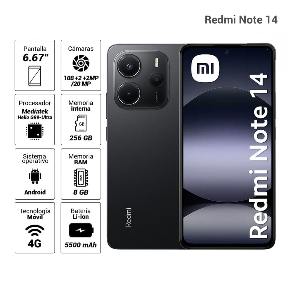 Celular Xiaomi Redmi Note 14 4G 256GB, 8GB RAM, cámara principal 108MP + 8MP + 2MP, frontal 20MP, 6.67'', negro + Audífonos Buds 6 Play