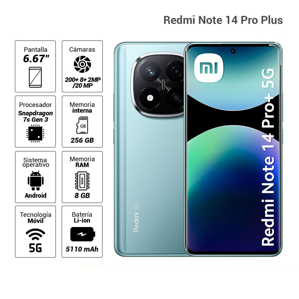Celular Xiaomi Redmi Note 14 Pro Plus 5G 256GB, 8GB RAM, cámara principal 200MP + 8MP + 2MP, frontal 20MP, 6.67'', azul