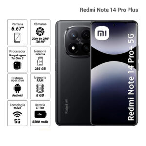 Celular Xiaomi Redmi Note 14 Pro Plus 5G 256GB, 8GB RAM, cámara principal 200MP + 8MP + 2MP, frontal 20MP, 6.67'', negro