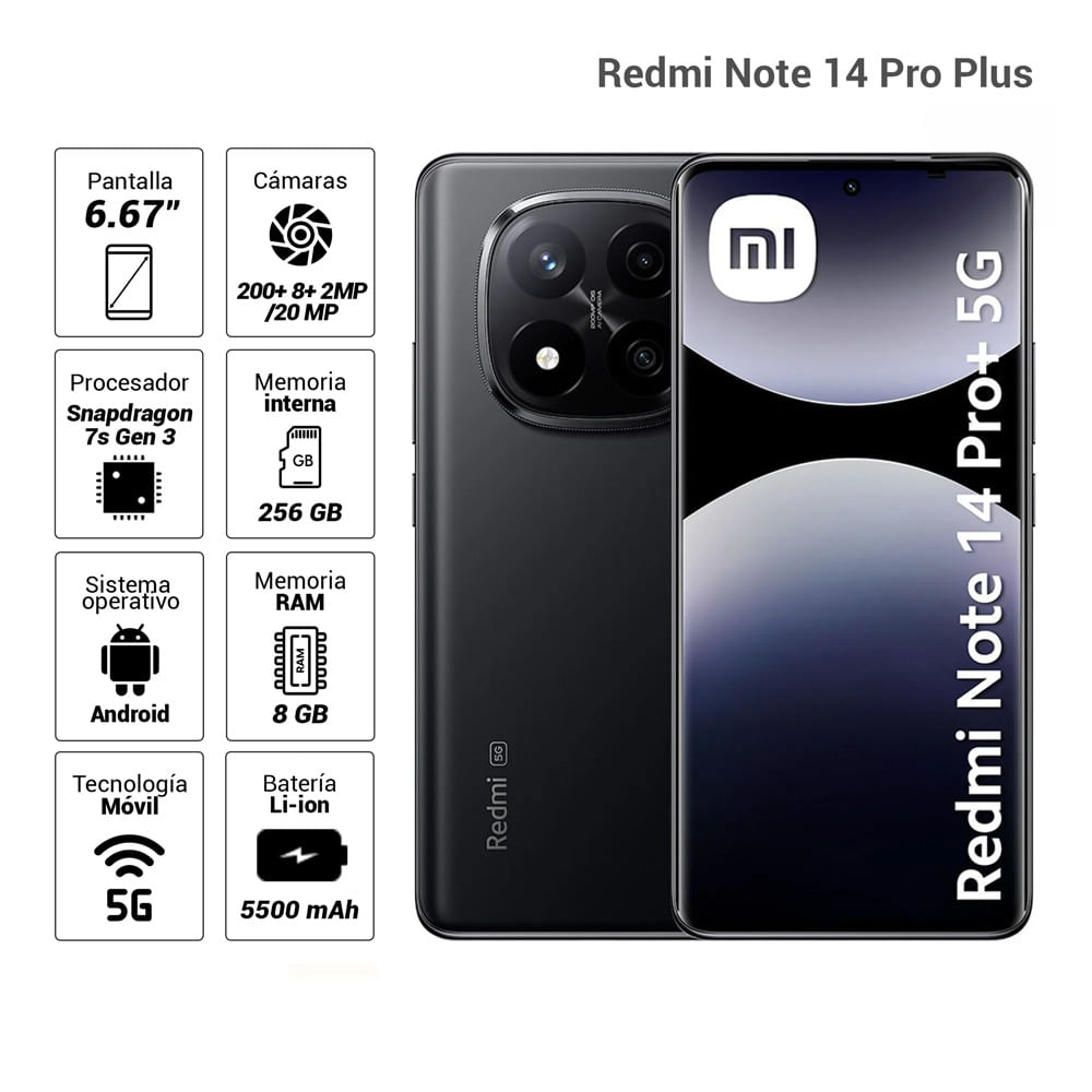Celular Xiaomi Redmi Note 14 Pro Plus 5G 256GB, 8GB RAM, cámara principal 200MP + 8MP + 2MP, frontal 20MP, 6.67'', negro