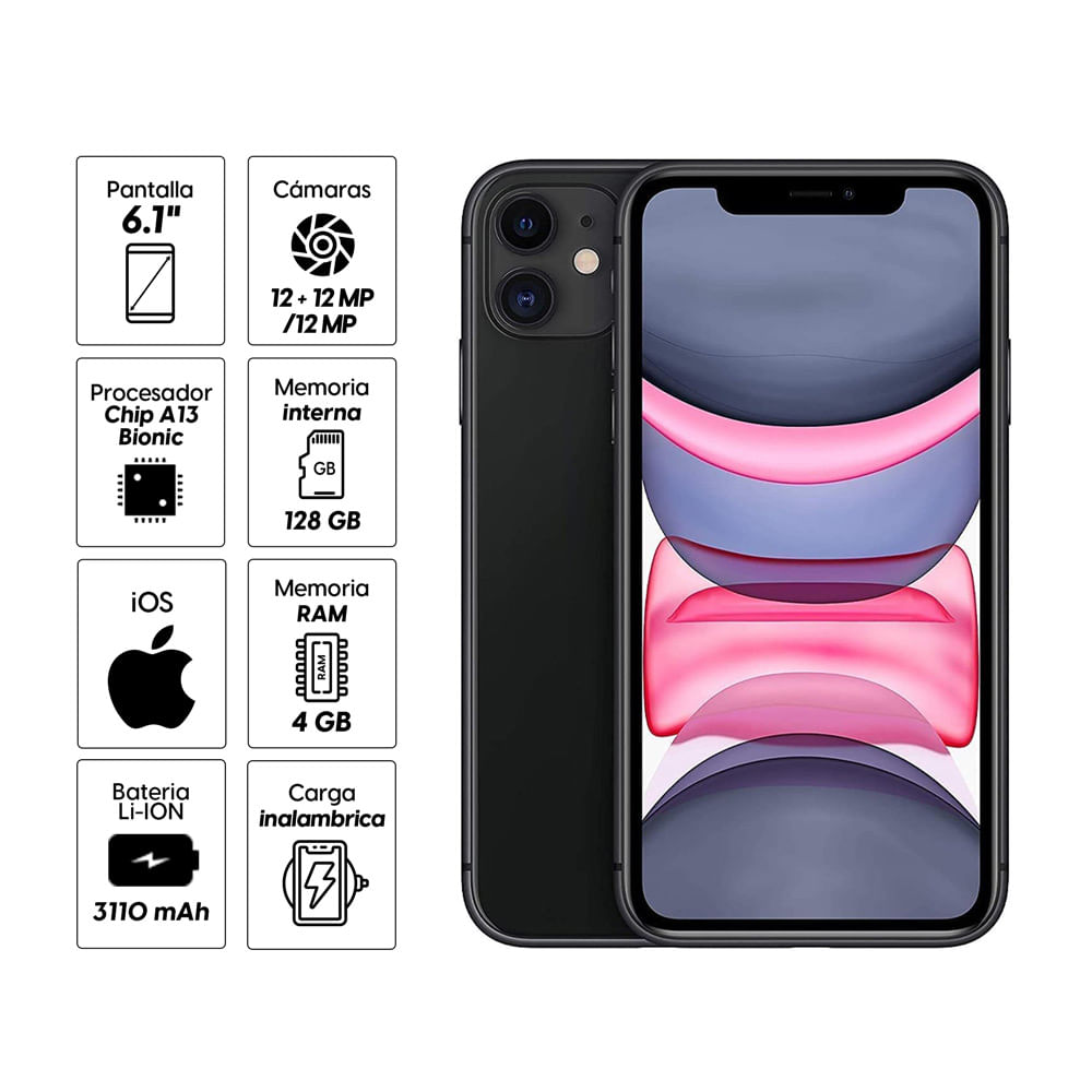 iPhone 11 128GB, 4GB RAM, cámara principal 12 + 12MP, frontal 12MP, 6.1", negro