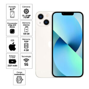 iPhone 13 128GB, 4GB RAM, cámara principal 12MP + 12MP, frontal 12MP, 6.1", blanco