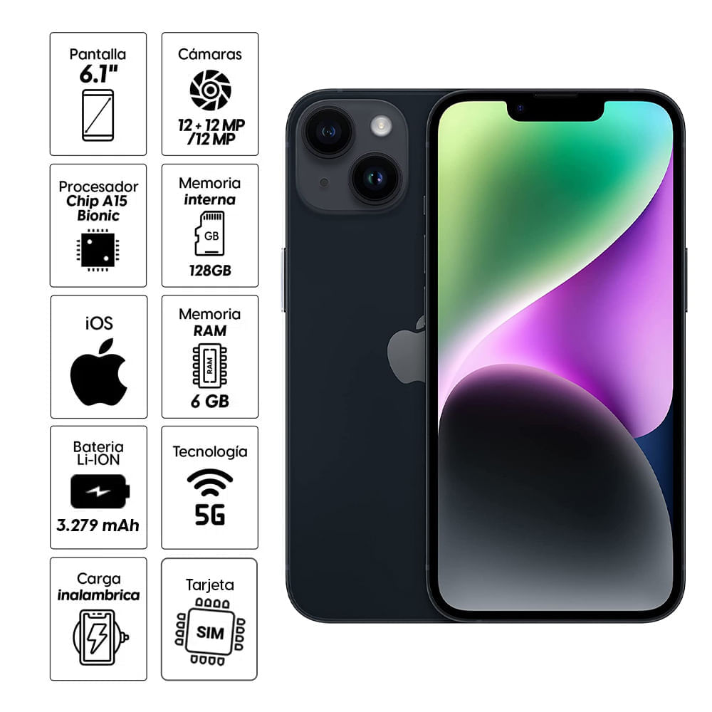 iPhone 14 128GB, 6GB RAM, cámara principal 12MP + 12MP, Frontal 12MP, 6.1", con slot para chip, negro