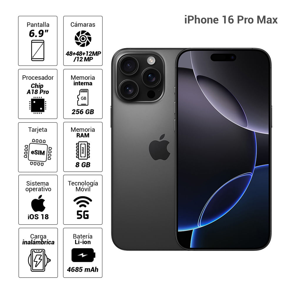iPhone 16 Pro Max eSIM 5G 256GB, 8GB RAM, cámara principal 48MP + 48MP + 12MP, frontal 12MP, 6.9", Black-Titanium