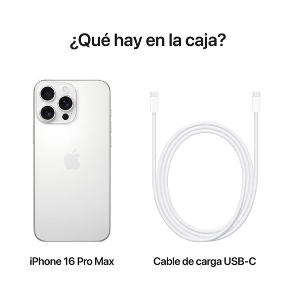 iPhone 16 Pro Max eSIM 5G 256GB, 8GB RAM, cámara principal 48MP + 48MP + 12MP, frontal 12MP, 6.9”, White-Titanium