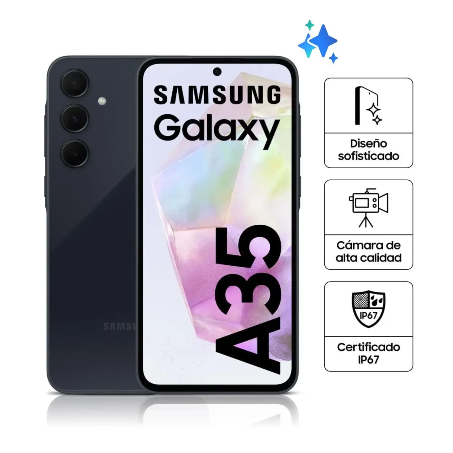 Samsung Galaxy A35 5G 8GB RAM 256GB, cámara principal 50MP + 8MP + 5MP, frontal 13MP, 6.6", 5000 mAh, negro